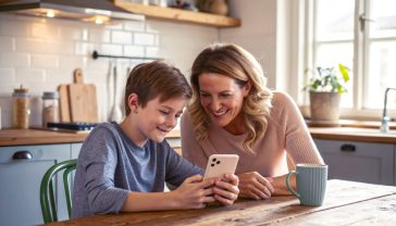 A hyper-realistic photograph in the style of a modern lifestyle magazine. A mother in her late 30s is sitting at a rustic wooden kitchen table with her 12-year-old son in a cosy, well-lit British kitchen. They are looking together at an iPhone screen, which the mother is holding. The mood is collaborative and positive, not confrontational. A mug of tea sits on the table beside them, slightly out of focus in the background. The lighting is soft and natural, coming from a nearby window, creating a warm, safe, and trustworthy atmosphere.