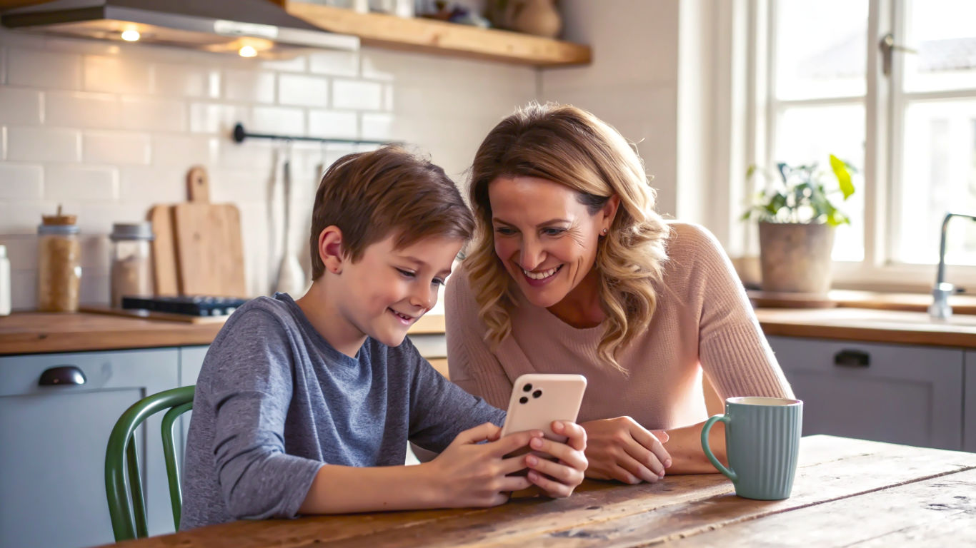 A hyper-realistic photograph in the style of a modern lifestyle magazine. A mother in her late 30s is sitting at a rustic wooden kitchen table with her 12-year-old son in a cosy, well-lit British kitchen. They are looking together at an iPhone screen, which the mother is holding. The mood is collaborative and positive, not confrontational. A mug of tea sits on the table beside them, slightly out of focus in the background. The lighting is soft and natural, coming from a nearby window, creating a warm, safe, and trustworthy atmosphere.