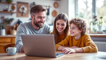A hyper-realistic photograph in the style of a modern lifestyle magazine. A friendly-looking British parent in their late 30s is sitting at a wooden kitchen table with their 10-year-old child. They are smiling and pointing together at a laptop screen, which is out of focus. The scene is warm and well-lit by natural light from a nearby window, suggesting a collaborative and positive conversation. The background is a typical, slightly cluttered British kitchen, making it feel authentic and relatable. The mood is supportive, educational, and reassuring, perfectly capturing the theme of online safety through guidance.
