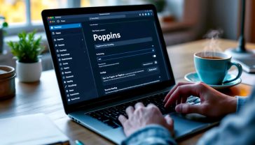 A hyper-realistic, professional photograph in the style of a clean, modern tech blog. The image shows a person's hands at a stylish wooden desk, with a sleek laptop open to the WordPress Customizer's typography settings. On the screen, the font "Poppins" is clearly being selected for the website's headings. Next to the laptop is a steaming mug of tea and a neat notepad. The lighting is soft and natural, coming from a window, creating a bright and productive atmosphere. The overall mood is focused, professional, and accessible, with a subtle British feel.