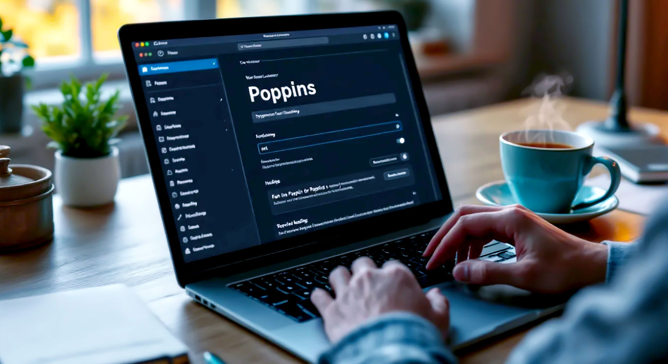 A hyper-realistic, professional photograph in the style of a clean, modern tech blog. The image shows a person's hands at a stylish wooden desk, with a sleek laptop open to the WordPress Customizer's typography settings. On the screen, the font "Poppins" is clearly being selected for the website's headings. Next to the laptop is a steaming mug of tea and a neat notepad. The lighting is soft and natural, coming from a window, creating a bright and productive atmosphere. The overall mood is focused, professional, and accessible, with a subtle British feel.