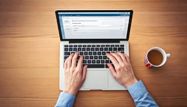 A hyper-realistic photograph from a top-down perspective showing a person's hands at a modern, clean wooden desk. One hand is on a laptop keyboard displaying the WordPress dashboard, clearly focused on the 'Site Title' field. The other hand is holding a mug of tea with a subtle, stylish Union Jack design. The lighting is soft and natural, suggesting a comfortable home office in the UK. The mood is calm, productive, and professional.