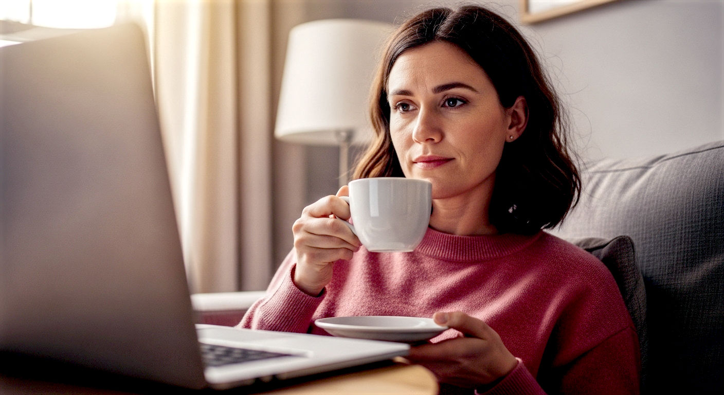 A hyper-realistic, professional photograph showing a thoughtful British person in their late 30s, sitting in a cosy, well-lit living room with a cup of tea. They are looking at a laptop screen with a slightly sceptical but confident expression. The laptop screen is angled towards the viewer but is slightly out of focus, while the person's face is the sharp focus. The mood is one of quiet diligence and empowerment, with soft, natural lighting from a nearby window, evoking a sense of trust and security. Style it like a feature in a high-quality weekend magazine.