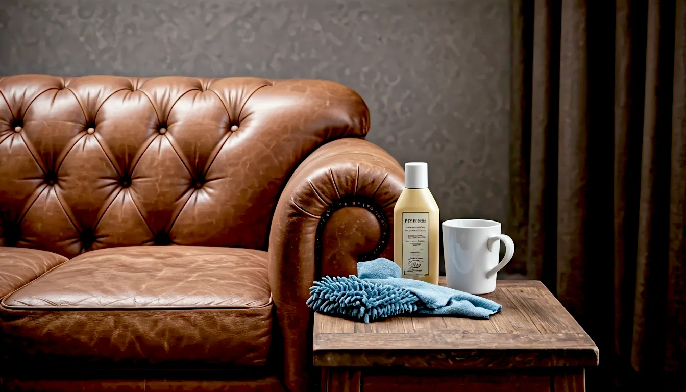 A hyper-realistic, professional photograph in the style of a feature in Ideal Home magazine. The shot captures a cosy corner of a British living room on a slightly overcast afternoon. A classic, well-loved tan brown leather Chesterfield sofa is the centrepiece. On a small wooden table beside it sits a half-full mug of tea, a bottle of leather conditioner, and a soft microfibre cloth. The lighting is soft and natural, coming from a nearby window, creating a warm, inviting, and slightly nostalgic mood. The composition is a medium shot, focusing on the texture of the leather and the cleaning items, conveying a sense of gentle, domestic care.