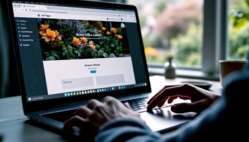 A hyper-realistic photograph from a clean, modern home office in the UK. A person's hands are visible, resting on a sleek laptop keyboard. On the laptop screen, the WordPress 'All Pages' dashboard is clearly visible, with the mouse cursor hovering over a "Clone" button next to a page titled "Bristol Office Launch". The lighting is soft and natural, coming from a nearby window with a view of a typical British garden. The mood is calm, focused, and efficient.