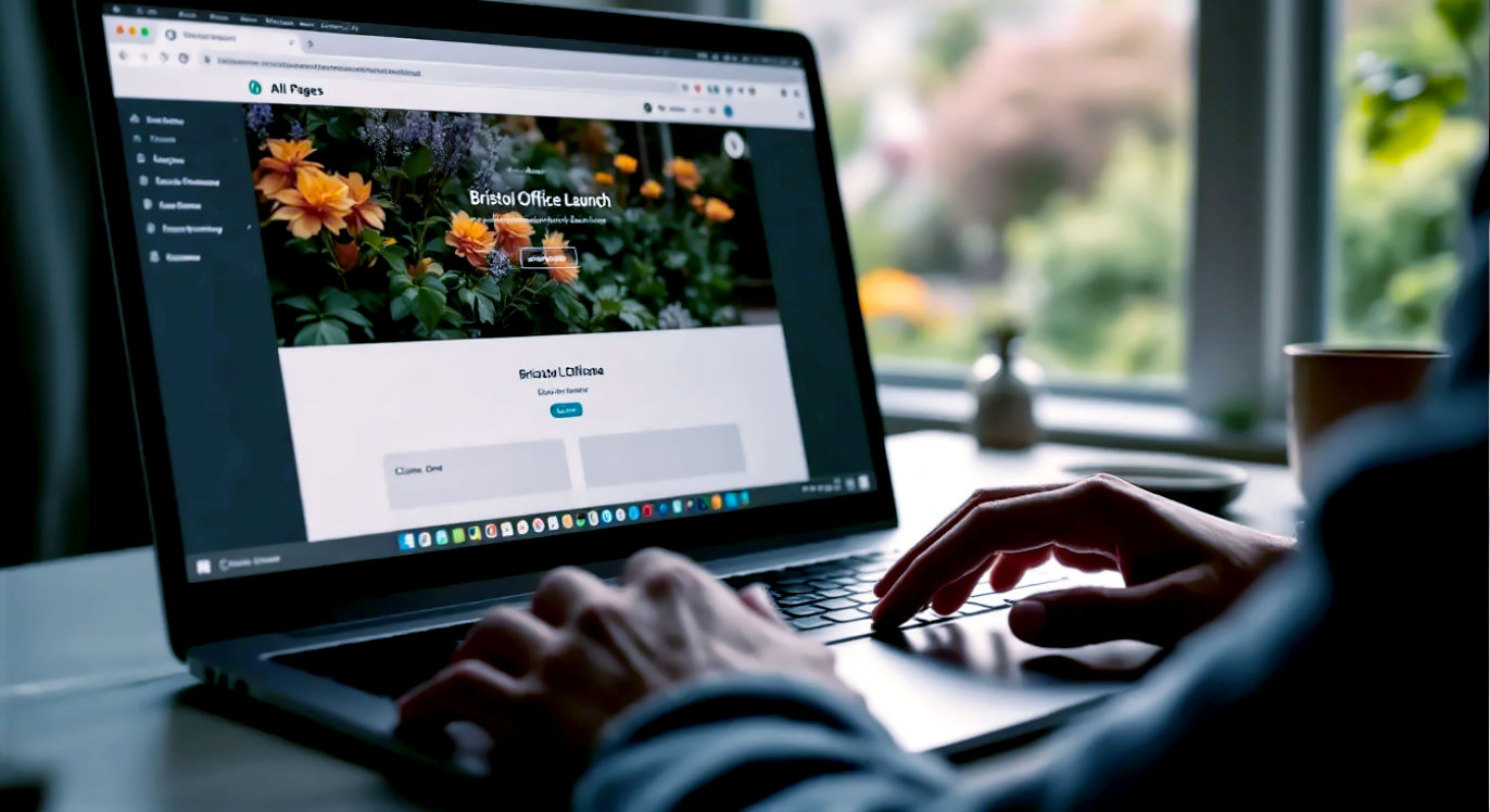 A hyper-realistic photograph from a clean, modern home office in the UK. A person's hands are visible, resting on a sleek laptop keyboard. On the laptop screen, the WordPress 'All Pages' dashboard is clearly visible, with the mouse cursor hovering over a "Clone" button next to a page titled "Bristol Office Launch". The lighting is soft and natural, coming from a nearby window with a view of a typical British garden. The mood is calm, focused, and efficient.