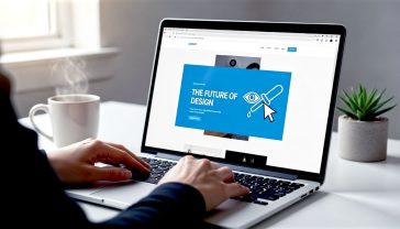 A hyper-realistic, professional photograph in the style of a clean, modern tech blog. The image shows a person’s hands on a sleek laptop keyboard. On the screen, a beautifully designed website is visible, with the mouse cursor, transformed into an eyedropper icon, hovering over a vibrant blue headline. The background is a minimalist, slightly out-of-focus home office setting with a cup of tea, evoking a sense of calm, creative work in the UK. The lighting is soft and natural, coming from a nearby window. The mood is focused, professional, and accessible.