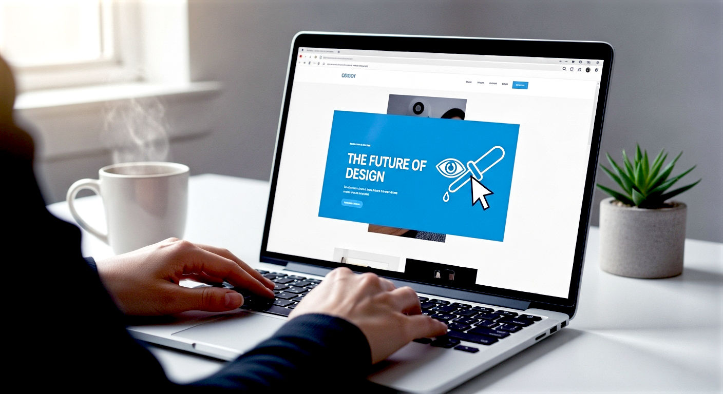 A hyper-realistic, professional photograph in the style of a clean, modern tech blog. The image shows a person’s hands on a sleek laptop keyboard. On the screen, a beautifully designed website is visible, with the mouse cursor, transformed into an eyedropper icon, hovering over a vibrant blue headline. The background is a minimalist, slightly out-of-focus home office setting with a cup of tea, evoking a sense of calm, creative work in the UK. The lighting is soft and natural, coming from a nearby window. The mood is focused, professional, and accessible.