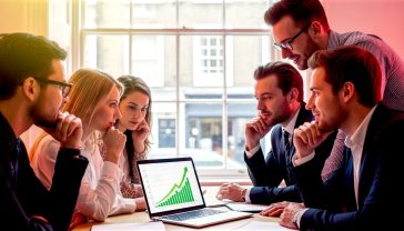 A hyper-realistic photograph in the style of a modern business journal. A group of British small business owners are gathered around a laptop in a bright, contemporary co-working space in London. The laptop screen shows a graph with a sharply rising green arrow, symbolising Google ranking success. The mood is optimistic, collaborative, and professional. The lighting is natural and soft, coming from a large window overlooking a classic British street.