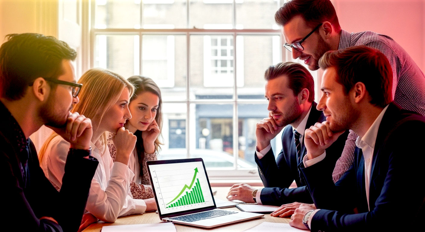 A hyper-realistic photograph in the style of a modern business journal. A group of British small business owners are gathered around a laptop in a bright, contemporary co-working space in London. The laptop screen shows a graph with a sharply rising green arrow, symbolising Google ranking success. The mood is optimistic, collaborative, and professional. The lighting is natural and soft, coming from a large window overlooking a classic British street.