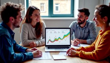A hyper-realistic, professional photograph showing a diverse group of modern British small business owners collaborating around a laptop in a bright, airy co-working space in London. The laptop screen shows a colourful, positive-trending website traffic graph. The mood is optimistic, creative, and professional. Natural light streams in from a window, highlighting a mix of casual and smart-casual attire.
