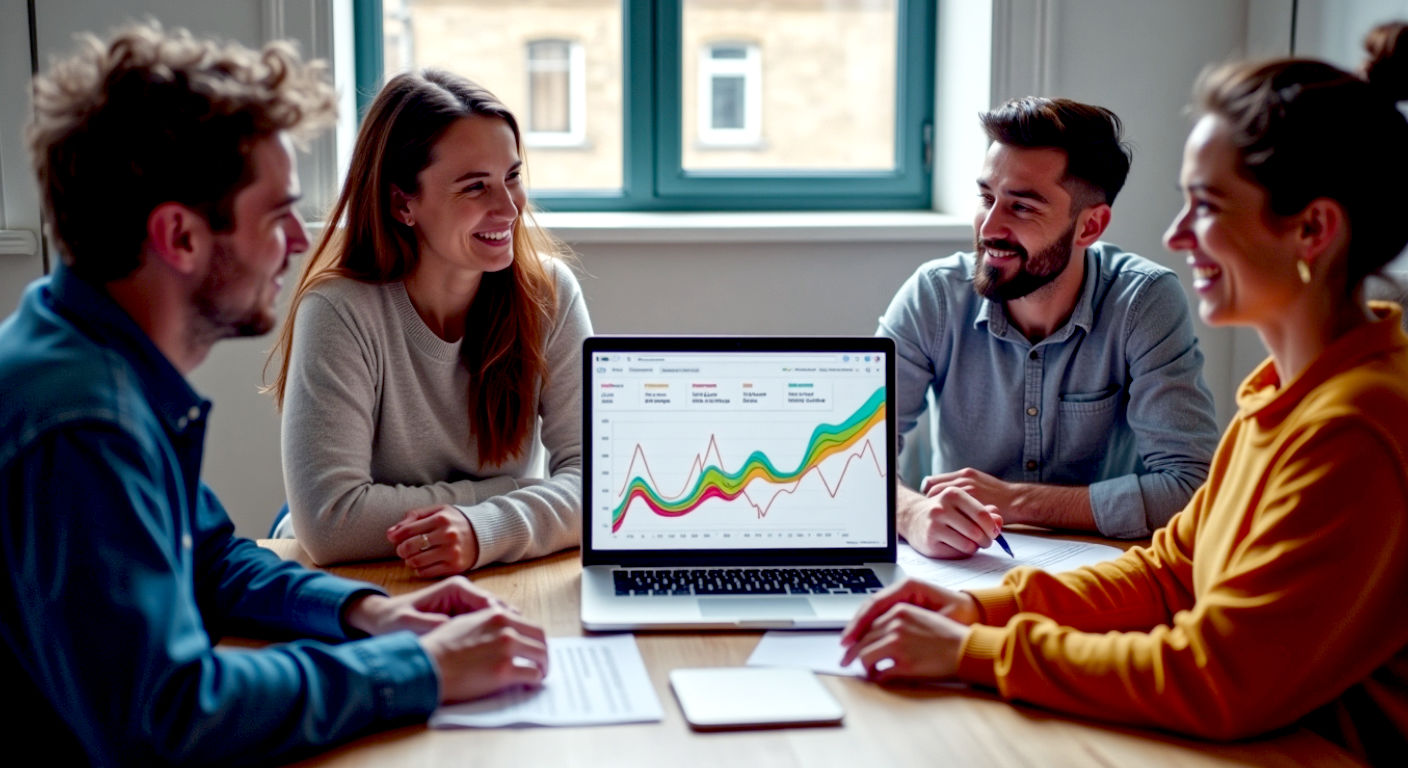 A hyper-realistic, professional photograph showing a diverse group of modern British small business owners collaborating around a laptop in a bright, airy co-working space in London. The laptop screen shows a colourful, positive-trending website traffic graph. The mood is optimistic, creative, and professional. Natural light streams in from a window, highlighting a mix of casual and smart-casual attire.