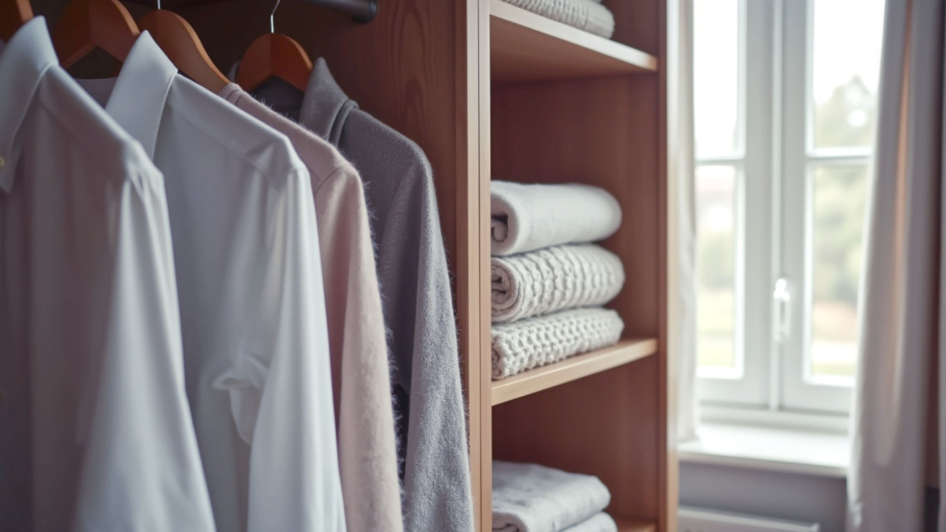 The image shows the inside of a beautifully organised wardrobe in a calm, neutrally decorated British bedroom. On the left, neatly hung shirts are colour-coordinated on slim, matching velvet hangers. On the right, perfectly folded jumpers are stacked on a shelf. The lighting is soft and natural, coming from a nearby window, creating a serene and aspirational mood. The overall palette is muted greys, whites, and beiges, evoking a sense of calm and order.