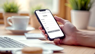 A hyper-realistic, professional photograph in the style of a modern business journal. The image shows a close-up of a person at a clean, minimalist wooden desk, one hand holding a smartphone displaying a beautifully designed, user-friendly contact page, while the other hand is poised over a sleek laptop keyboard. In the background, softly blurred, is a pot of tea and a biscuit on a saucer, adding a subtle, warm British touch. The lighting is bright and natural, coming from a window, creating a clean, professional, and approachable mood. The overall palette is calm, with muted greys, whites, and natural wood tones, evoking a sense of efficiency and trustworthiness.