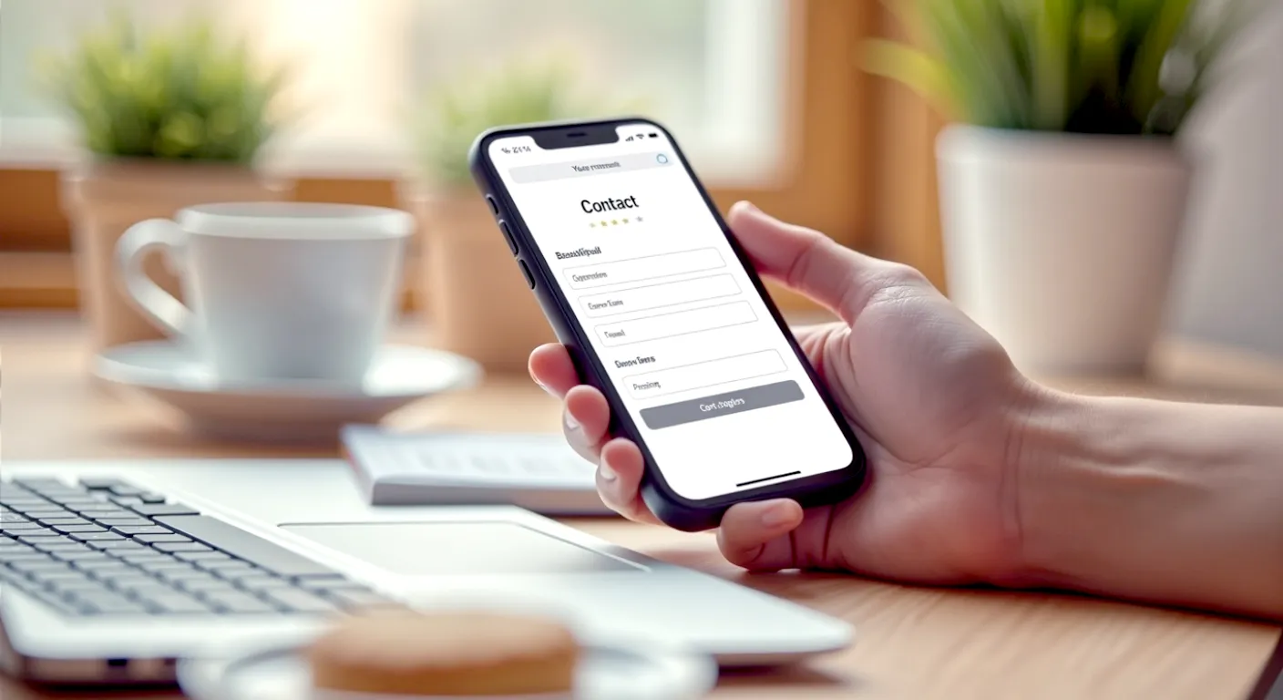 A hyper-realistic, professional photograph in the style of a modern business journal. The image shows a close-up of a person at a clean, minimalist wooden desk, one hand holding a smartphone displaying a beautifully designed, user-friendly contact page, while the other hand is poised over a sleek laptop keyboard. In the background, softly blurred, is a pot of tea and a biscuit on a saucer, adding a subtle, warm British touch. The lighting is bright and natural, coming from a window, creating a clean, professional, and approachable mood. The overall palette is calm, with muted greys, whites, and natural wood tones, evoking a sense of efficiency and trustworthiness.