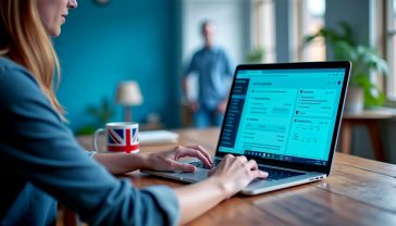 A hyper-realistic, professional photograph in the style of a modern tech blog. A person is sitting at a rustic wooden desk in a bright, airy British home office with a Union Jack mug. Their hands are on a sleek laptop, which displays the WordPress dashboard on screen. The focus is sharp on the screen, with the background softly blurred. The mood is productive, creative, and professional, with clean, natural lighting. Palette should be modern and calm, with blues, whites, and natural wood tones.