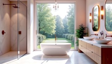 A hyper-realistic, professional photograph in the style of a high-end interior design magazine. The image shows a spacious, bright luxury bathroom with a large window overlooking a lush, green British garden through frosted glass. A stunning white stone freestanding bathtub is the centrepiece, positioned under the window. To the side, a seamless walk-in shower with a large rainfall head and brushed brass fittings. A double vanity unit made of warm oak with marble countertops and sleek countertop basins sits against a wall of large-format, subtly veined porcelain tiles. The lighting is soft and layered, with warm light from a modern chandelier and backlit mirrors. The mood is serene, tranquil, and aspirational, evoking the feeling of a five-star hotel spa in a beautiful British home.