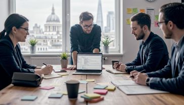 A hyper-realistic, professional photograph in the style of a modern tech publication. The image shows three creative professionals in a bright, contemporary London office, collaborating around a large wooden table. On the table are a laptop showing a WordPress editor with text, notebooks with handwritten notes, and coffee cups. The mood is focused but positive and collaborative. Soft, natural light streams in from a large window overlooking a subtly blurred London skyline (perhaps with a glimpse of the Shard). The overall colour palette is clean and professional with pops of colour from sticky notes and plants. The image should convey expertise, collaboration, and the craft of writing in a modern British business context.