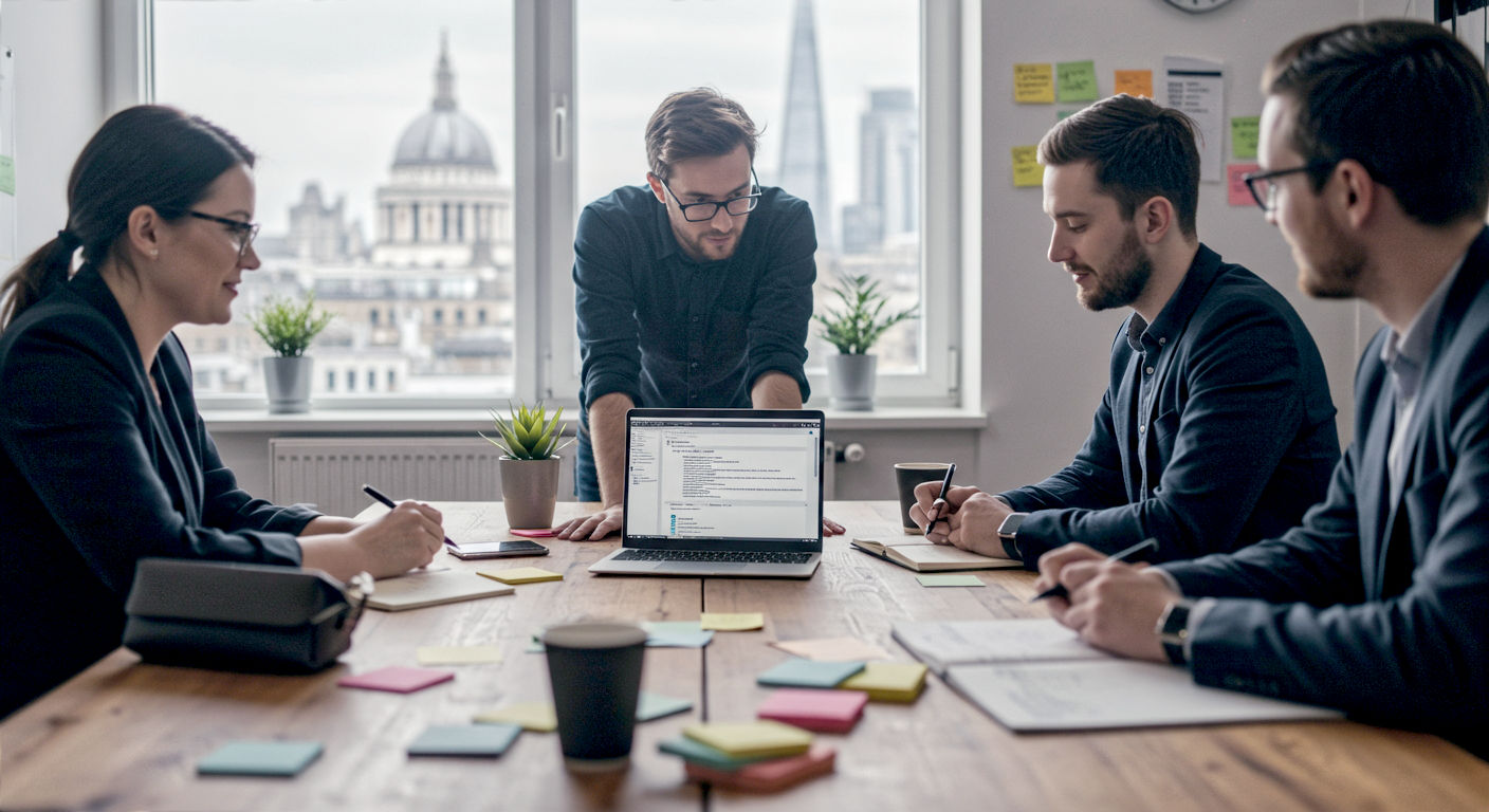 A hyper-realistic, professional photograph in the style of a modern tech publication. The image shows three creative professionals in a bright, contemporary London office, collaborating around a large wooden table. On the table are a laptop showing a WordPress editor with text, notebooks with handwritten notes, and coffee cups. The mood is focused but positive and collaborative. Soft, natural light streams in from a large window overlooking a subtly blurred London skyline (perhaps with a glimpse of the Shard). The overall colour palette is clean and professional with pops of colour from sticky notes and plants. The image should convey expertise, collaboration, and the craft of writing in a modern British business context.
