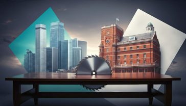 The image is a striking visual metaphor for the UK's economic debate. In the centre, a large, polished boardroom table made of dark wood is being sawn in half. On one side, representing big business, are gleaming glass skyscrapers (like those in Canary Wharf) under a bright, sunny sky. On the other side, representing public services, is a classic red-brick NHS hospital under a more overcast, grey sky. The lighting is dramatic and high-contrast, with a shallow depth of field focusing on the saw blade cutting through the table. The mood is tense and thought-provoking, perfectly capturing the trade-offs at the heart of the corporation tax debate.