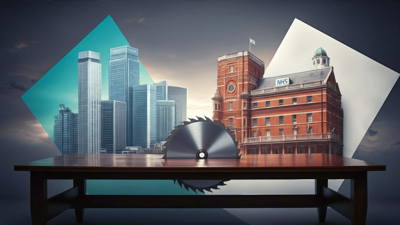 The image is a striking visual metaphor for the UK's economic debate. In the centre, a large, polished boardroom table made of dark wood is being sawn in half. On one side, representing big business, are gleaming glass skyscrapers (like those in Canary Wharf) under a bright, sunny sky. On the other side, representing public services, is a classic red-brick NHS hospital under a more overcast, grey sky. The lighting is dramatic and high-contrast, with a shallow depth of field focusing on the saw blade cutting through the table. The mood is tense and thought-provoking, perfectly capturing the trade-offs at the heart of the corporation tax debate.