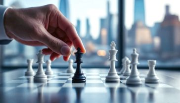 The image shows a close-up of a chess board with sleek, metallic pieces. One hand, representing the government, is moving a black pawn forward, putting a large, ornate white king piece, representing big business, into check. The board is set on a polished dark wood table in a brightly lit, modern office with a blurred background showing the London skyline (The Gherkin, The Shard). The lighting is clean and dramatic, with a shallow depth of field focusing on the chess pieces. The mood is one of strategic tension and high stakes, symbolising the economic balancing act of corporate taxation.