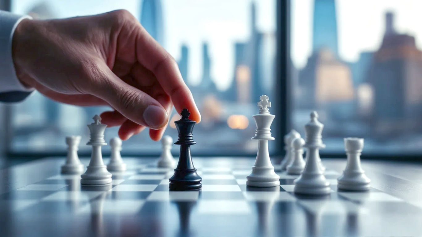 The image shows a close-up of a chess board with sleek, metallic pieces. One hand, representing the government, is moving a black pawn forward, putting a large, ornate white king piece, representing big business, into check. The board is set on a polished dark wood table in a brightly lit, modern office with a blurred background showing the London skyline (The Gherkin, The Shard). The lighting is clean and dramatic, with a shallow depth of field focusing on the chess pieces. The mood is one of strategic tension and high stakes, symbolising the economic balancing act of corporate taxation.