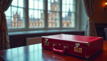A hyper-realistic photograph capturing the tension and gravity of a UK budget decision. The image should show the iconic red Chancellor's briefcase resting on a polished mahogany desk inside Number 11 Downing Street. Soft, directional light from a large Georgian window illuminates the worn leather and gold royal cypher on the case. In the background, the Houses of Parliament are subtly visible through the window, slightly out of focus. The mood is one of quiet importance and weighty deliberation, with a classic, stately British aesthetic.