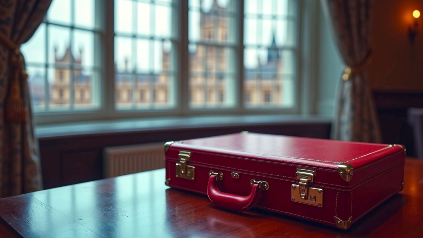 A hyper-realistic photograph capturing the tension and gravity of a UK budget decision. The image should show the iconic red Chancellor's briefcase resting on a polished mahogany desk inside Number 11 Downing Street. Soft, directional light from a large Georgian window illuminates the worn leather and gold royal cypher on the case. In the background, the Houses of Parliament are subtly visible through the window, slightly out of focus. The mood is one of quiet importance and weighty deliberation, with a classic, stately British aesthetic.