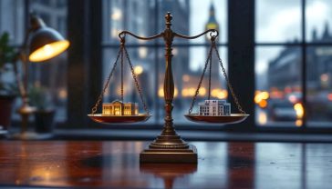 A hyper-realistic photograph capturing the concept of UK economics with a subtle, thought-provoking mood. The scene is a classic British mahogany desk in a dimly lit office, viewed from a slightly high angle. On the desk, a vintage set of brass balancing scales. On one side of the scales is a small, neat stack of British pound sterling notes. On the other side, tipping the scales down, is a miniature, detailed model of a modern NHS hospital. In the soft-focus background, the windows look out onto a rainy London street scene with the Houses of Parliament visible in the distance. The lighting is moody and atmospheric, like a scene from a political drama, using the style of a professional editorial photograph.