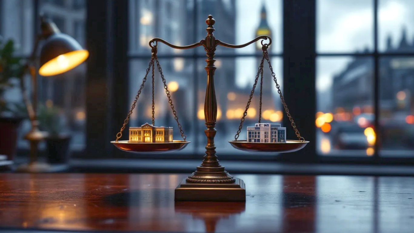 A hyper-realistic photograph capturing the concept of UK economics with a subtle, thought-provoking mood. The scene is a classic British mahogany desk in a dimly lit office, viewed from a slightly high angle. On the desk, a vintage set of brass balancing scales. On one side of the scales is a small, neat stack of British pound sterling notes. On the other side, tipping the scales down, is a miniature, detailed model of a modern NHS hospital. In the soft-focus background, the windows look out onto a rainy London street scene with the Houses of Parliament visible in the distance. The lighting is moody and atmospheric, like a scene from a political drama, using the style of a professional editorial photograph.