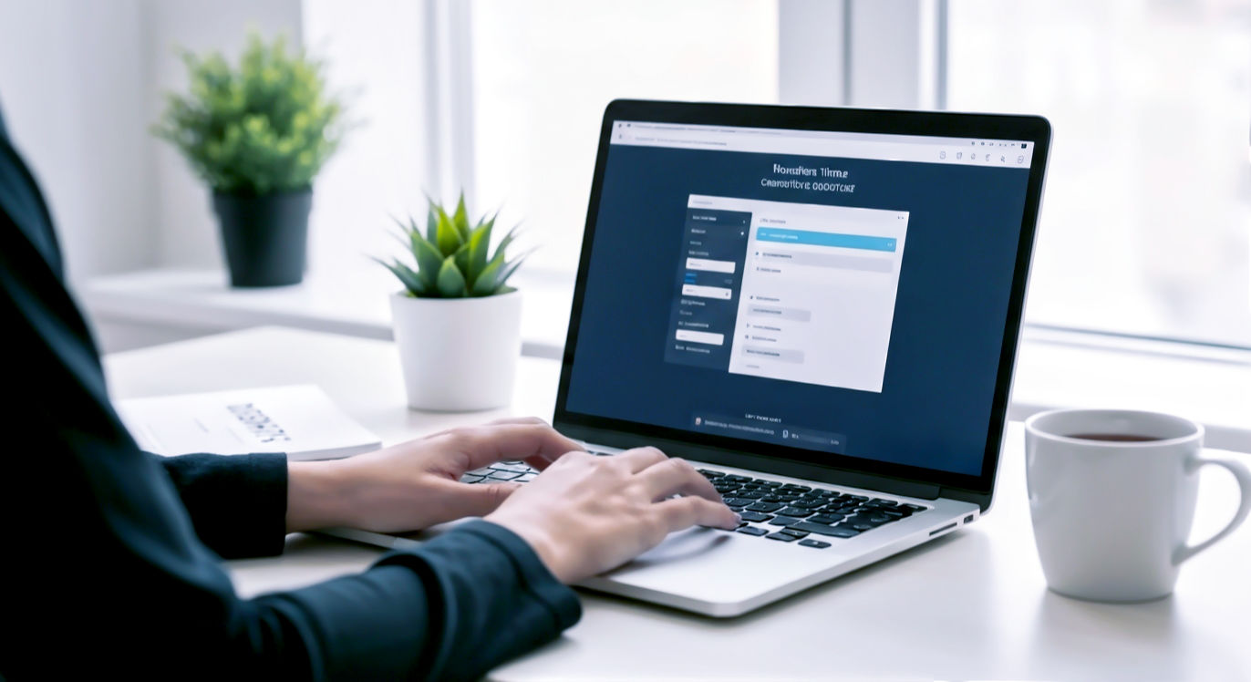 A hyper-realistic, professional photograph in the style of a clean, modern tech blog. The scene shows a person's hands on a sleek laptop, with the WordPress theme customizer visible on the screen. The background is a bright, airy, and stylish home office in the UK, with a mug of tea and a small potted plant on the desk. The lighting is soft and natural, creating a mood that is focused, calm, and creative. The overall aesthetic is minimalist and professional.