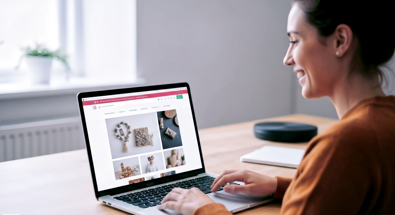 A hyper-realistic, professional photograph showing a creative small business owner in the UK, perhaps in a cosy workshop in Brighton or a modern studio in Manchester, smiling as they work on their vibrant and professional-looking WordPress website on a laptop. The website on screen should be clearly visible, showing a craft product or a portfolio. The lighting is soft and natural, creating a warm, aspirational, and trustworthy mood.