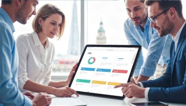 A hyper-realistic, professional photograph in the style of a modern tech publication. The image shows a team of three people in a bright, contemporary British office in London, collaborating around a large touchscreen tablet. On the screen is a clean, colourful, and user-friendly CMS interface with charts and content blocks. The mood is creative, positive, and collaborative. Soft, natural light streams in from a window, and the background is slightly blurred, showing a subtle view of a London landmark like the Shard or a classic red bus to give it a distinct UK feel. The overall aesthetic is professional, clean, and optimistic.