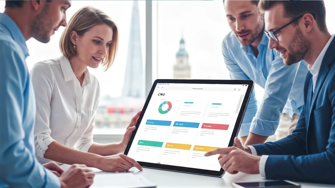 A hyper-realistic, professional photograph in the style of a modern tech publication. The image shows a team of three people in a bright, contemporary British office in London, collaborating around a large touchscreen tablet. On the screen is a clean, colourful, and user-friendly CMS interface with charts and content blocks. The mood is creative, positive, and collaborative. Soft, natural light streams in from a window, and the background is slightly blurred, showing a subtle view of a London landmark like the Shard or a classic red bus to give it a distinct UK feel. The overall aesthetic is professional, clean, and optimistic.