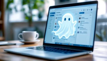 A hyper-realistic, professional photograph showing a clean, modern laptop screen displaying a WordPress dashboard. In the centre of the screen, a stylised, slightly transparent "ghost" icon is fading away over the comments section. The background is a cosy, slightly out-of-focus British home office with a mug of tea visible. The lighting is soft and natural, creating a calm and authoritative mood. The image should convey the idea of "getting rid of digital ghosts" in a clean, professional manner.