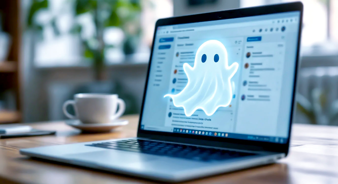 A hyper-realistic, professional photograph showing a clean, modern laptop screen displaying a WordPress dashboard. In the centre of the screen, a stylised, slightly transparent "ghost" icon is fading away over the comments section. The background is a cosy, slightly out-of-focus British home office with a mug of tea visible. The lighting is soft and natural, creating a calm and authoritative mood. The image should convey the idea of "getting rid of digital ghosts" in a clean, professional manner.
