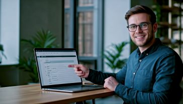 A hyper-realistic, professional photograph showing a friendly web developer at a clean, modern desk in a bright, airy office in London. They are pointing to a laptop screen which clearly displays the WordPress editor, with the 'URL Slug' field highlighted. The mood is helpful, clear, and professional, with soft, natural lighting. Style of a modern tech blog feature image.