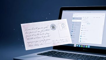 A hyper-realistic, professional photograph showing a ghostly, translucent postcard with old-fashioned handwriting hovering over a modern, clean laptop screen displaying a WordPress dashboard. The mood is nostalgic yet technological, with soft, ambient lighting. The style should be reminiscent of a high-end tech magazine feature.