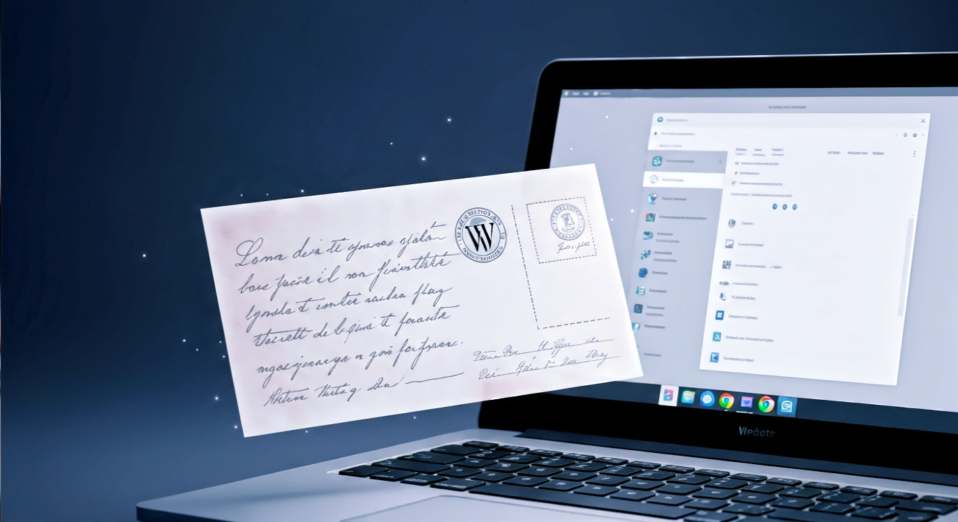 A hyper-realistic, professional photograph showing a ghostly, translucent postcard with old-fashioned handwriting hovering over a modern, clean laptop screen displaying a WordPress dashboard. The mood is nostalgic yet technological, with soft, ambient lighting. The style should be reminiscent of a high-end tech magazine feature.