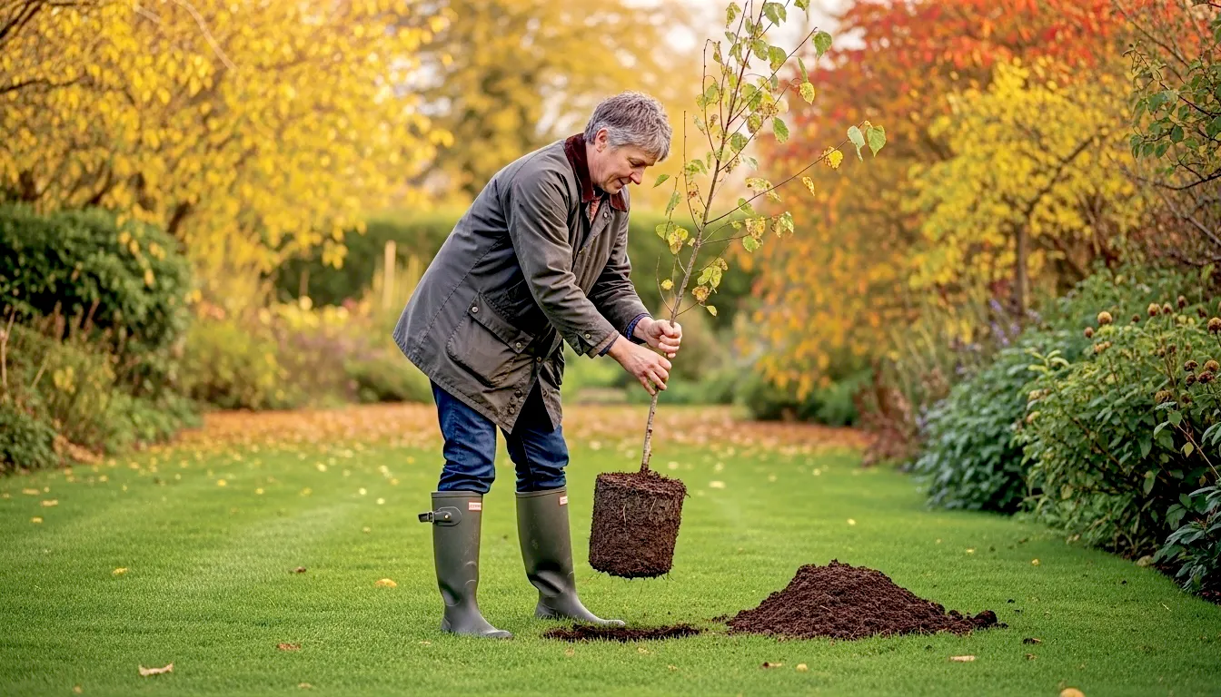 A hyper-realistic photograph capturing a quintessential British autumn gardening scene. A middle-aged person in a Barbour-style jacket and wellies is carefully lowering a young silver birch sapling into a freshly dug hole in a lush, green lawn. The surrounding garden is filled with the golden and red hues of autumn leaves. Soft, golden-hour light filters through the trees, creating a warm, hopeful, and slightly nostalgic mood. The style should be reminiscent of a high-quality feature in Country Life or Gardens Illustrated magazine, evoking a sense of heritage, care, and connection to the land.