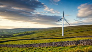 A hyper-realistic, professional photograph in the style of a National Geographic feature. The image captures a single, modern 250kW farm-scale wind turbine standing majestically in a rolling field in the Yorkshire Dales during late afternoon. The lighting is soft and golden, casting long shadows. In the background, traditional dry-stone walls crisscross the green landscape under a dramatic, partly cloudy British sky. The composition is wide, showing the scale of the turbine against the timeless countryside, evoking a sense of harmony between modern renewable energy and British heritage.