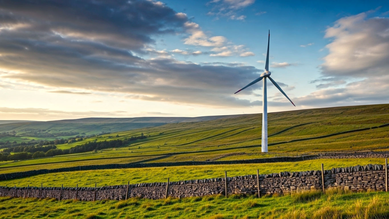 A hyper-realistic, professional photograph in the style of a National Geographic feature. The image captures a single, modern 250kW farm-scale wind turbine standing majestically in a rolling field in the Yorkshire Dales during late afternoon. The lighting is soft and golden, casting long shadows. In the background, traditional dry-stone walls crisscross the green landscape under a dramatic, partly cloudy British sky. The composition is wide, showing the scale of the turbine against the timeless countryside, evoking a sense of harmony between modern renewable energy and British heritage.