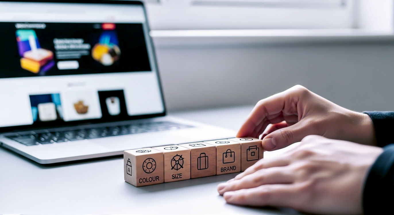 A hyper-realistic, professional photograph in the style of a clean, modern tech blog. The image shows a close-up of a person's hands neatly organising labelled wooden blocks on a minimalist light grey desk. The blocks have simple, clear icons and words like "Colour," "Size," and "Brand." In the background, a sleek laptop screen is slightly out of focus, displaying a vibrant, well-designed WooCommerce store page. The lighting is soft and natural, coming from a window, creating a calm, focused, and organised mood. The overall aesthetic is professional, accessible, and hints at the digital craftsmanship of building a UK-based online shop.