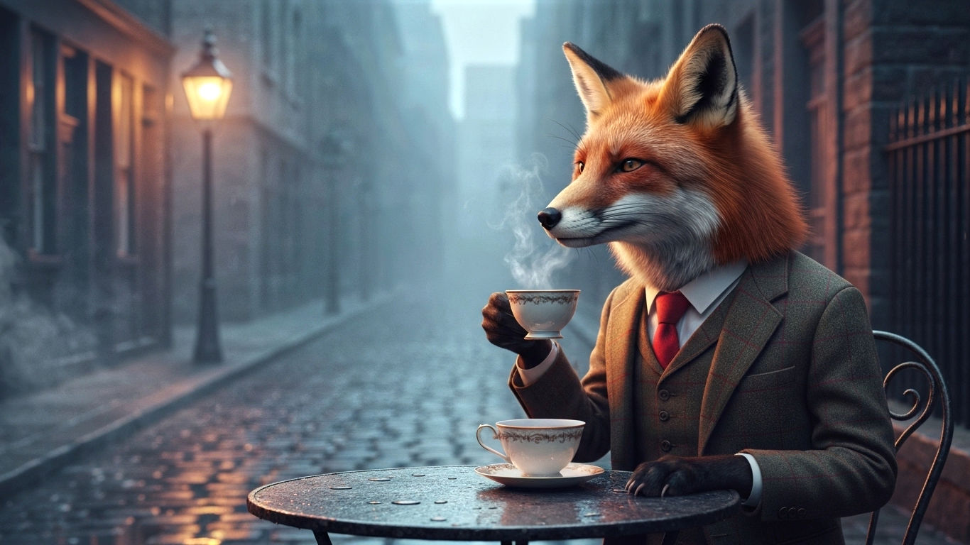 “A majestic fox in a tweed jacket, sipping tea in a foggy London alleyway, photorealistic.”
