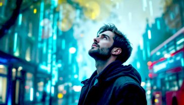 A hyper-realistic, professional photograph in the style of a cinematic sci-fi film poster. A thoughtful British man in his 30s stands on a classic London street, looking up at the sky. The world around him is subtly pixelating and dissolving into glowing blue lines of code, visible only in the reflection in his eyes and in a puddle on the pavement. The iconic red of a double-decker bus is visible but slightly blurred. The lighting is moody and atmospheric, like dusk after rain, creating a sense of wonder and existential dread. The mood is contemplative and intellectually stimulating.