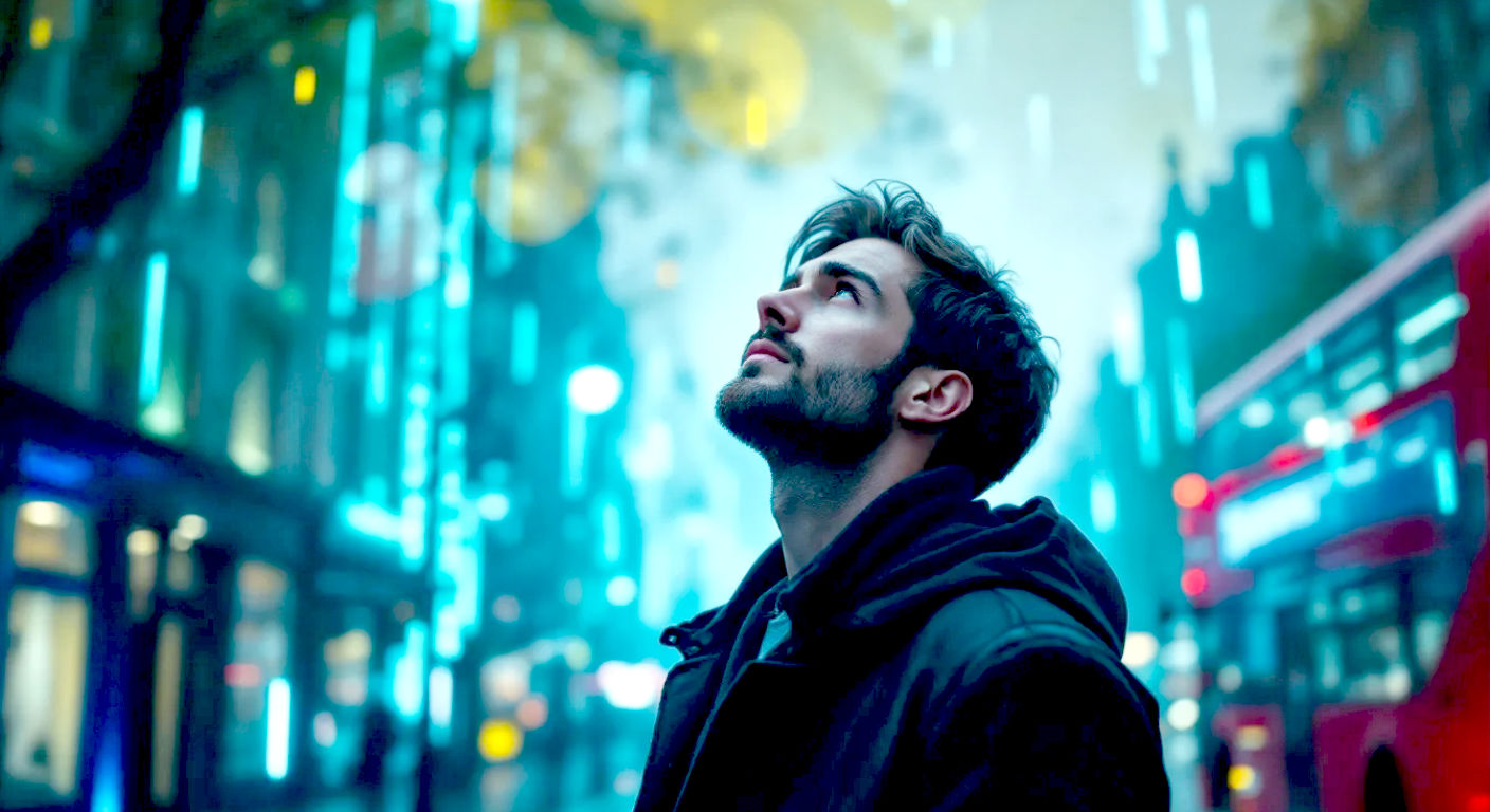 A hyper-realistic, professional photograph in the style of a cinematic sci-fi film poster. A thoughtful British man in his 30s stands on a classic London street, looking up at the sky. The world around him is subtly pixelating and dissolving into glowing blue lines of code, visible only in the reflection in his eyes and in a puddle on the pavement. The iconic red of a double-decker bus is visible but slightly blurred. The lighting is moody and atmospheric, like dusk after rain, creating a sense of wonder and existential dread. The mood is contemplative and intellectually stimulating.