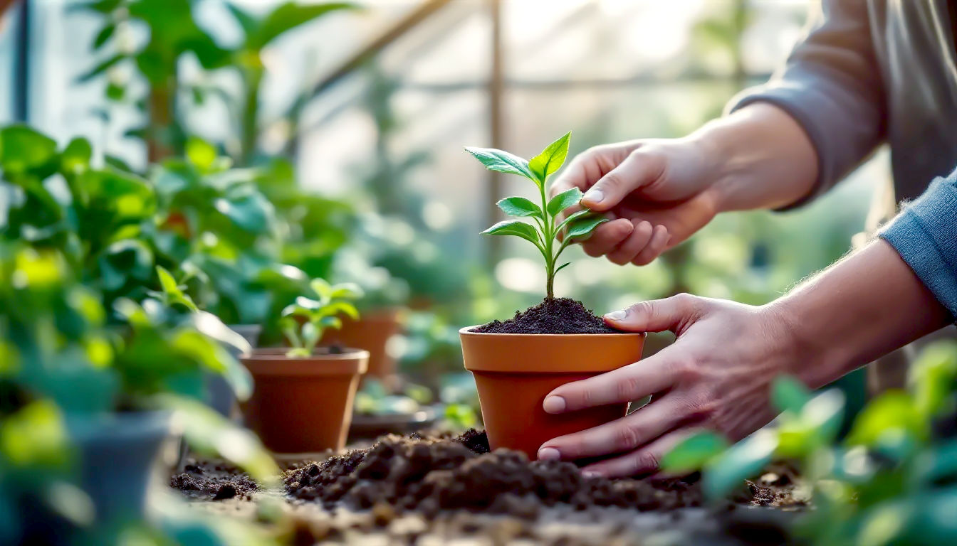 The scene is set within a classic British greenhouse, with condensation on the glass panes and a backdrop of various established plants. The composition is a close-up, focusing on the propagation process, with soft, diffused morning light filtering through the greenhouse roof. The mood is one of quiet concentration and gentle optimism, with a natural, earthy-toned palette that evokes a sense of growth and heritage.