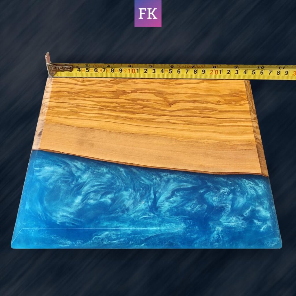 Crystal Cove Epoxy Art 3 - tape measure showing 24cm width of wood art piece