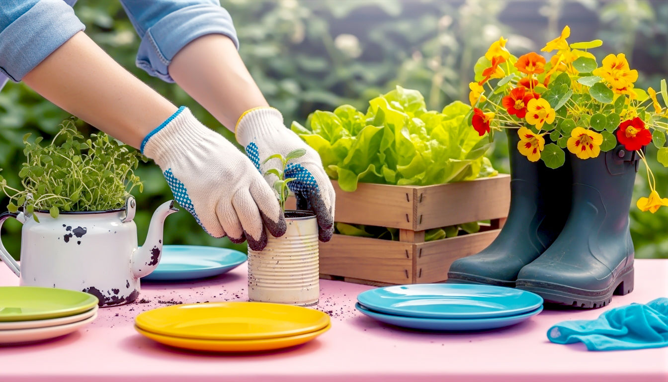 The scene is a charming, slightly rustic British patio garden bathed in soft, early morning light. In the foreground, a pair of hands (wearing worn gardening gloves) is potting a small seedling into an old, painted tin can. Surrounding the hands are other upcycled planters: a chipped enamel teapot with herbs, a wooden crate filled with lettuce, and a pair of old wellies overflowing with cheerful nasturtiums. The background shows a lush, thriving garden, implying success and abundance achieved through creativity, not expense. The overall mood is inspiring, resourceful, and heartwarming, with a shallow depth of field to focus on the hands-on activity.